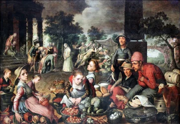 Escena de mercado con Cristo y la adúltera